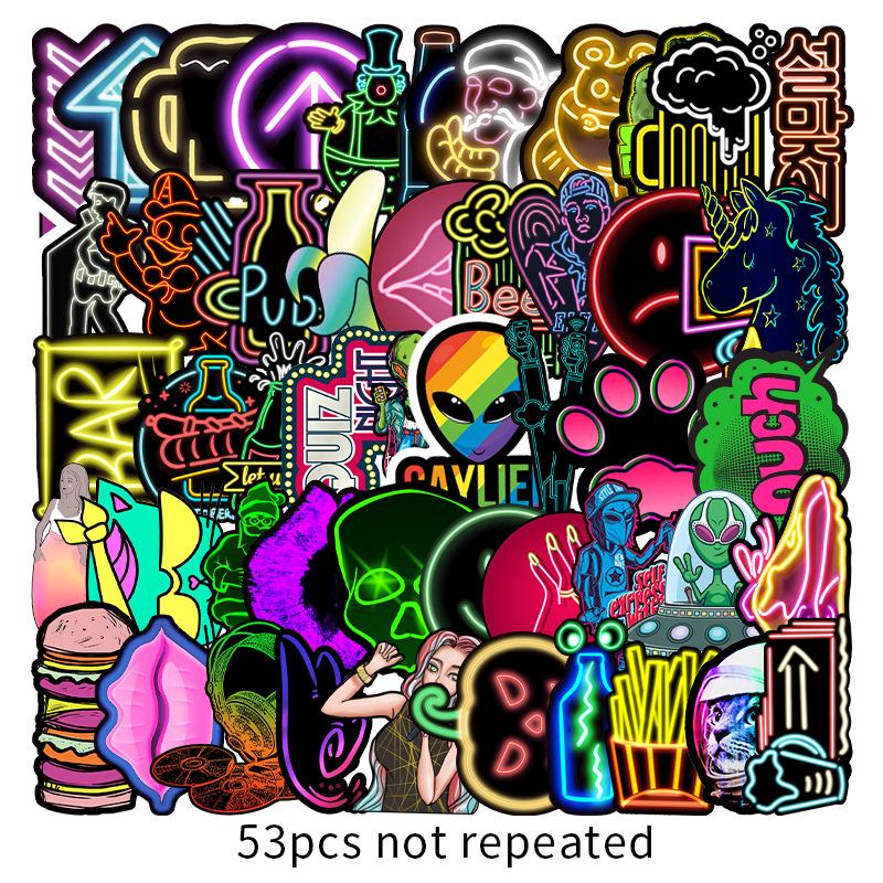 53 Neon Cartoon Graffiti Stickers for Notebooks, Luggage, Motorcycles, and Cars