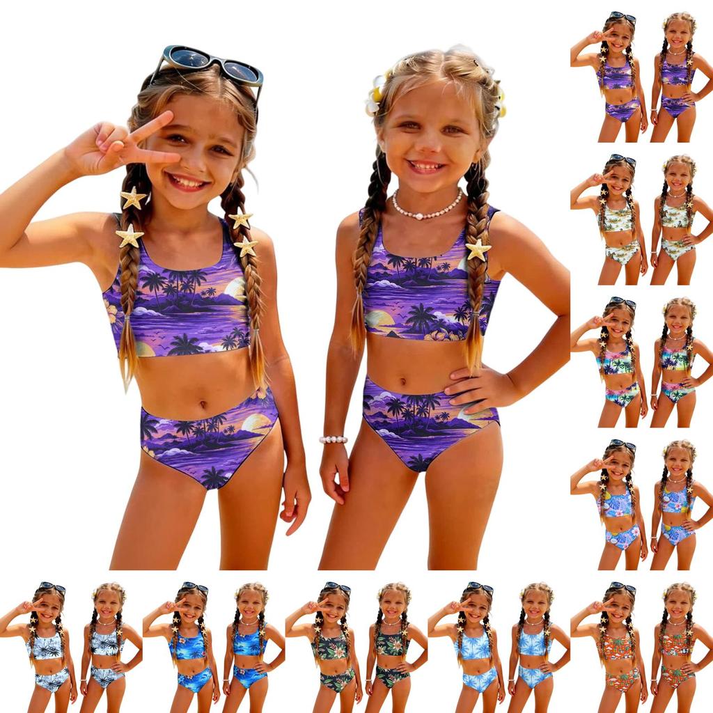 Bambina Due Pezzi Bikini Costume da Bagno Set Estate Casual Stampa Hawaiana Canotta e Slip a Vita Alta Costumi da Bagno per Bambini