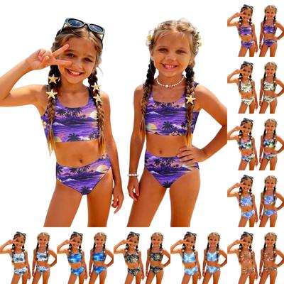 Meisjes Tweedelig Bikini Zwempak Set Zomer Casual Hawaïaanse Print Tanktop en Hoge Taille Broekjes Zwemkleding voor Kinderen