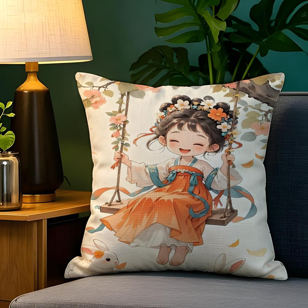 Eastern Aesthetics China Costume Girl Pillow Case Natural Linen Pillow Case DoubleSided Decor Sofa Pillowcase Home Decor