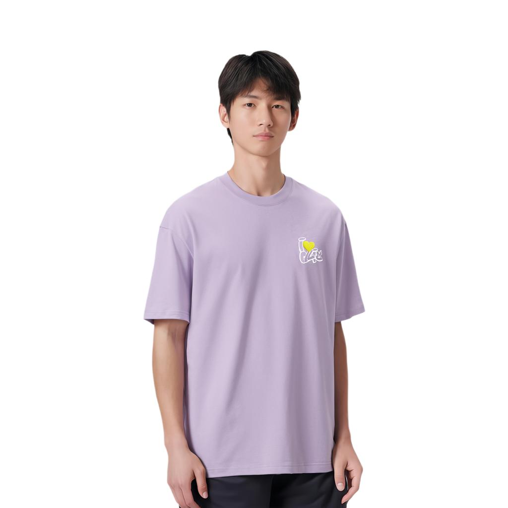 Lining X Disney Oswald Series Letter Print Cartoon Pattern Round Neck Loose Short Sleeve T-Shirt Unisex Tops Smoky-Purple AHST317-6