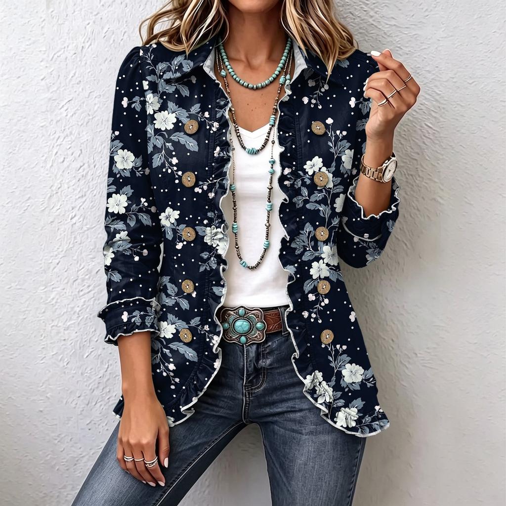 Women's Floral Print Cardigan, Long Sleeve Ruffle Open Front Top, Casual Outerwear for Spring and Fall