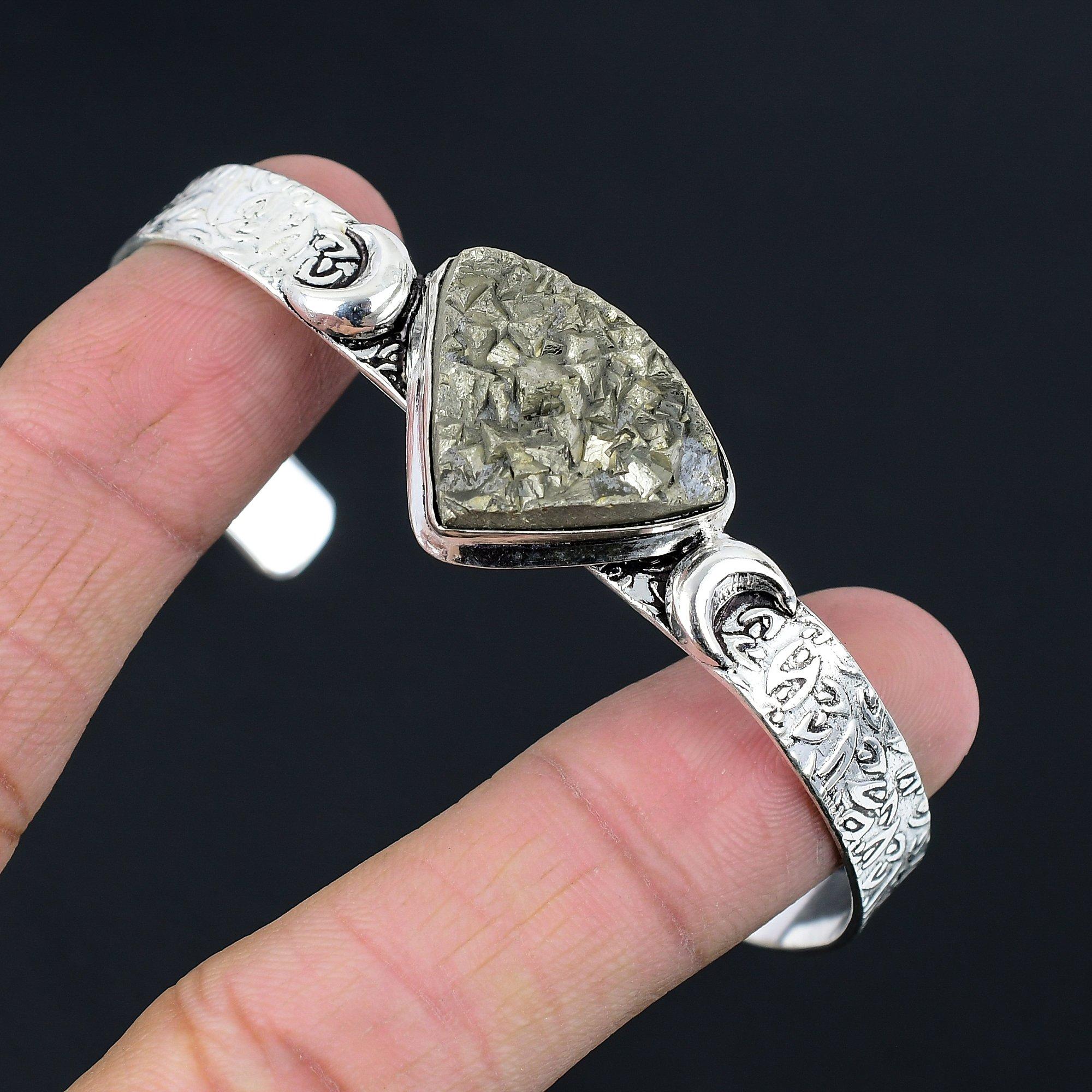 

Womens day Sale Trillion Pyrite Druzy Stone Crescent Moon Wife Bangle 925 Silver Adjustable