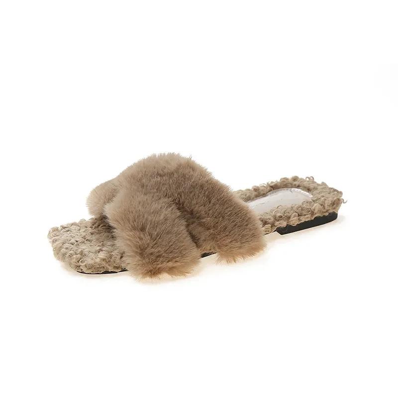 

Fashion Fur Women Slippers Designer Autumn Winter Open Toe Wool Comfort Warm Shoes Fashion Flat Casual Outdoor Leisure Dress Slippers 35
