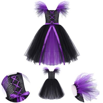 Baby Girls Witch Halloween Cosplay Carnival Party Costume Elastic Shoulder Straps Bowknot Mesh Dress