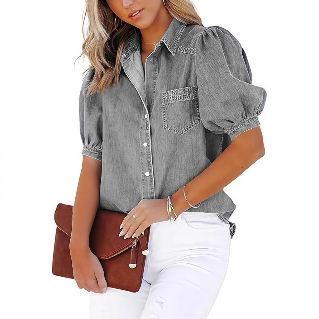 Damen V-Ausschnitt Kurzarm Jeanshemd Lässig Einreiher Knopfleiste Tasche Bluse