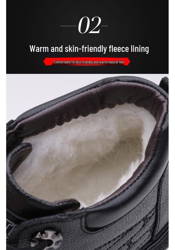 Winter High-Top Men's Genuine Leather Wool-Lined Shoes - Warm, Cold-Resistant, Slip-Resistant, and Lace-up for Business Casual Wear.