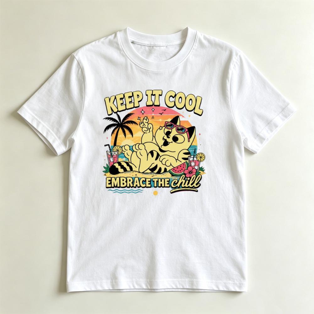 Retro Summer Cat Tee Keep It Cool Embrace The Chill Beach Vibes Vacation Cat Lover Graphic TShirt Unisex Crewneck Cotton Shirt