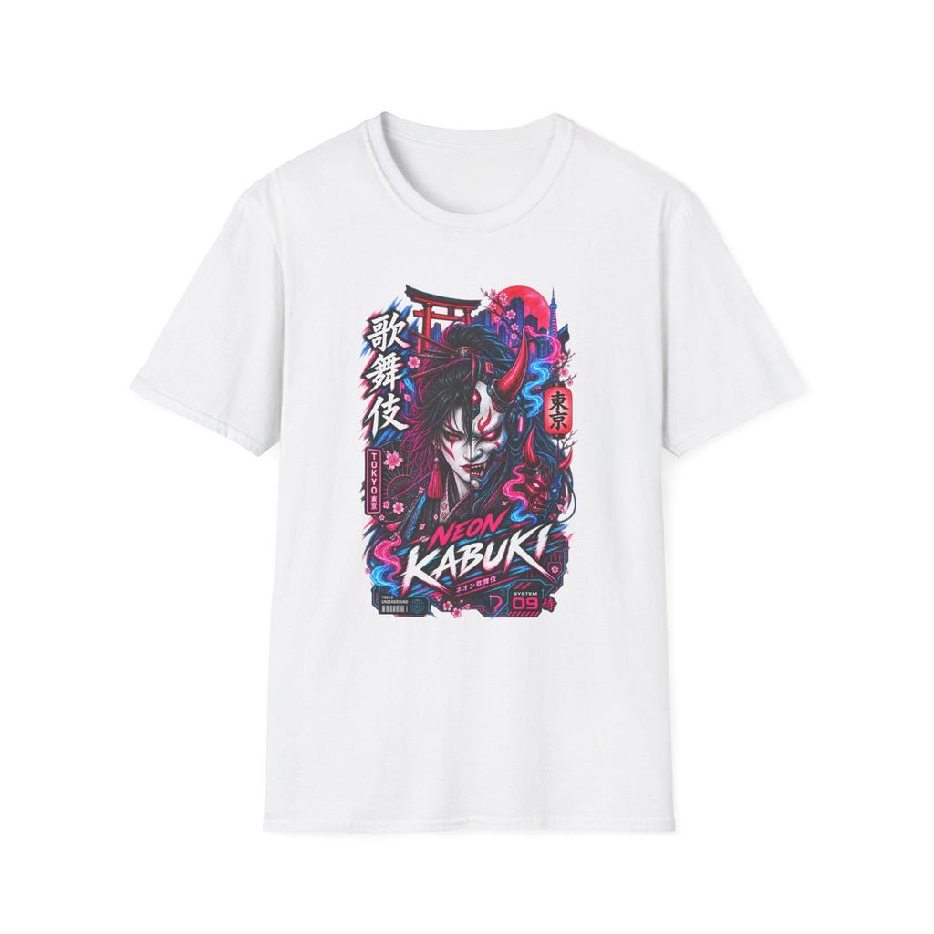 Neon Kabuki Mask T-Shirt Japanese Streetwear Cyberpunk Graphic Tee Tokyo Gift for Him Her Unisex