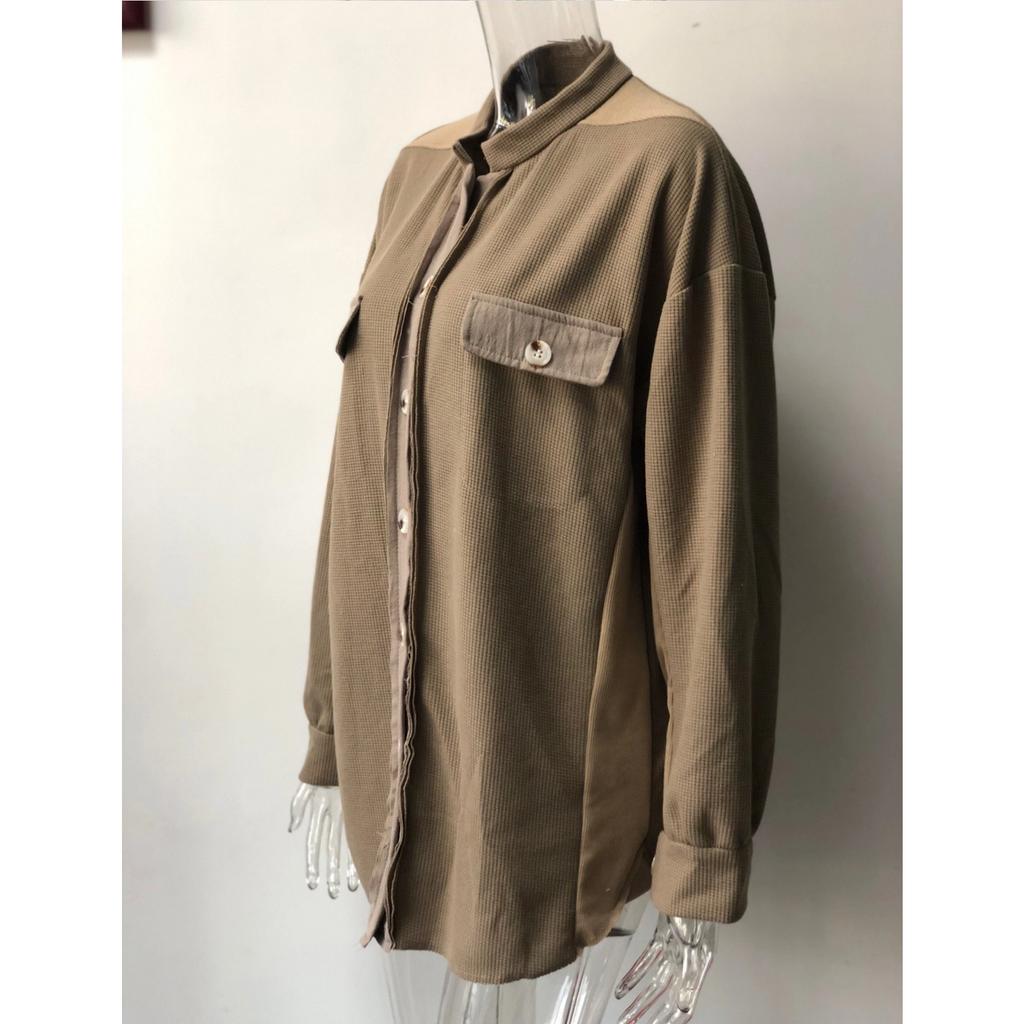 Autumn Women's Asymmetrical Shirt Jacket, Notched Lapel & Patch Pocket Design Casual Oversized Blouse for Daily Streetwear