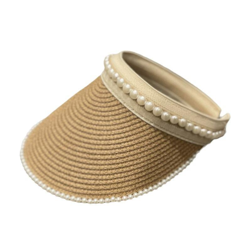 Women Straw Visor Hat With Pearl Decoration Breathable Sun Protection Headband For Spring Summer Travel And Daily Wear