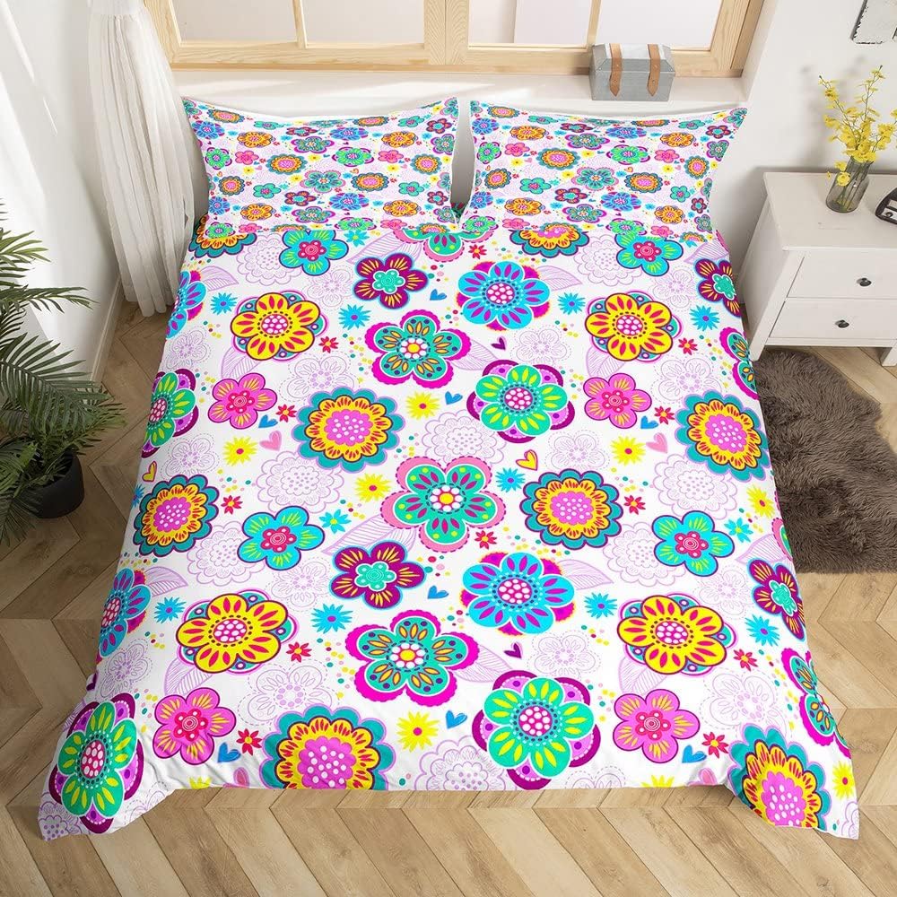 70er Jahre Retro Hippie Bettwäsche Set Groovy Blumen Bettbezug Full Queen für Erwachsene Teenager Boho Vintage Psychedelisch Floral Bettbezug