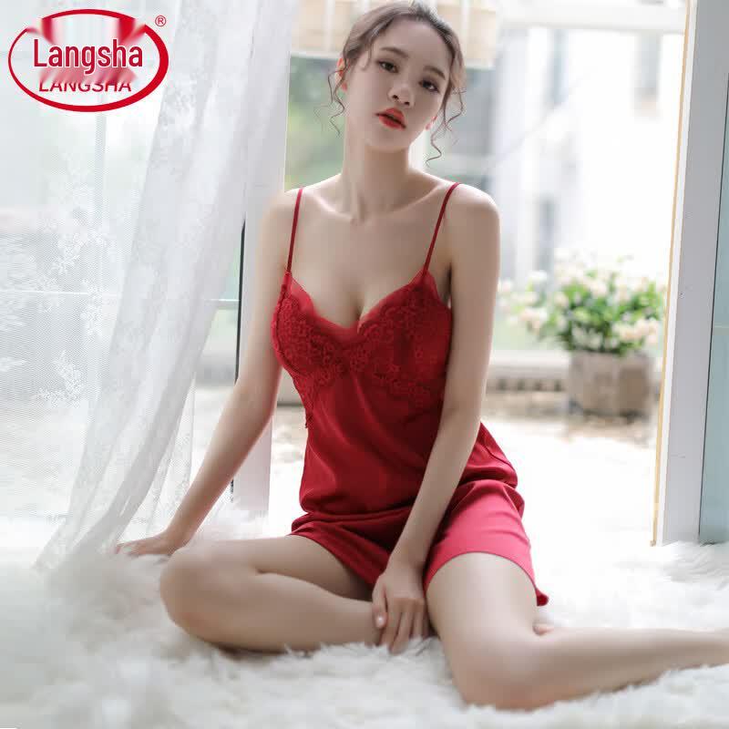 Langsha Women s Sexy Lace Ice Silk Nightdress 2XL (143-165 lbs)
