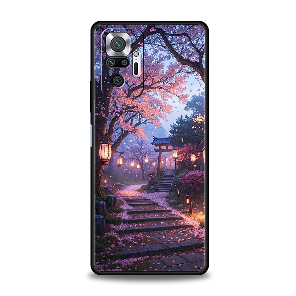 

Чехол для телефона для Redmi 14C 13C 10C Note 14 13 12 10 11 K40 K50 Gaming Pro Plus Мягкий ТПУ Японский стиль Храм и Цветущая сакура Note 13 Pro 5G