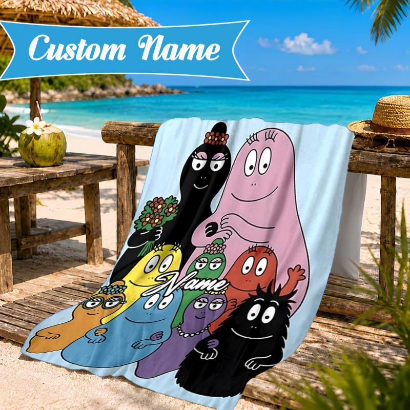 Custom Name Colorful Cartoon Barba-papa Heart In Space Adventure Microfiber Beach Towel, Lightweight for Summer Travel, Swimming Pool Fan Gift