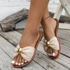 Women's Woven Bow Slides Beaded Decor Flat Sandals, Round Toe Comfortable Vacation Beach Slippers for Summer, Women Shoes