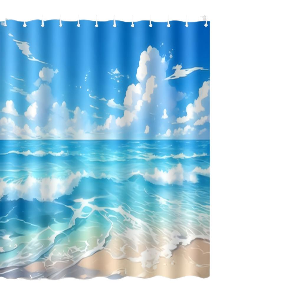 Blue Wave Pattern By The Seaside Shower Curtain Washable Dirt-Resistant Shower Head Waterproof Polyester Bath Curtain