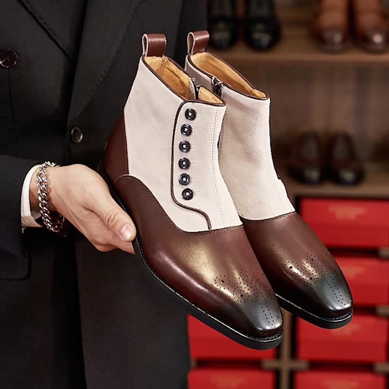 Vintage Handmade Men'S Chelsea Boots Suede Leather Carved Button Boots Square Toe Side Zippers High Top Shoes Gentlemen'S Style