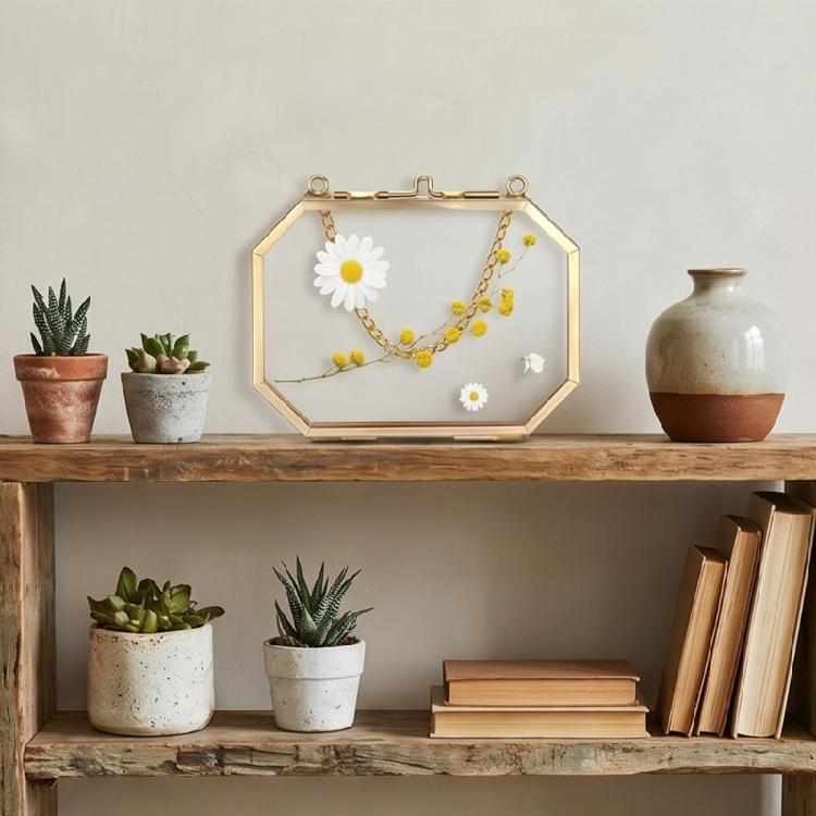 Metall Achteckiger Fotorahmen Hängendes Glas Blumenpflanzenrahmen mit Transparenzglas Bilderhalter Dekoration