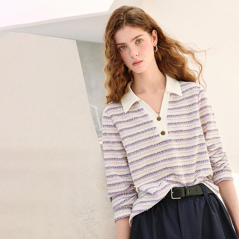 Chuyu Women's French Style Striped Polo Long Sleeve T-shirt