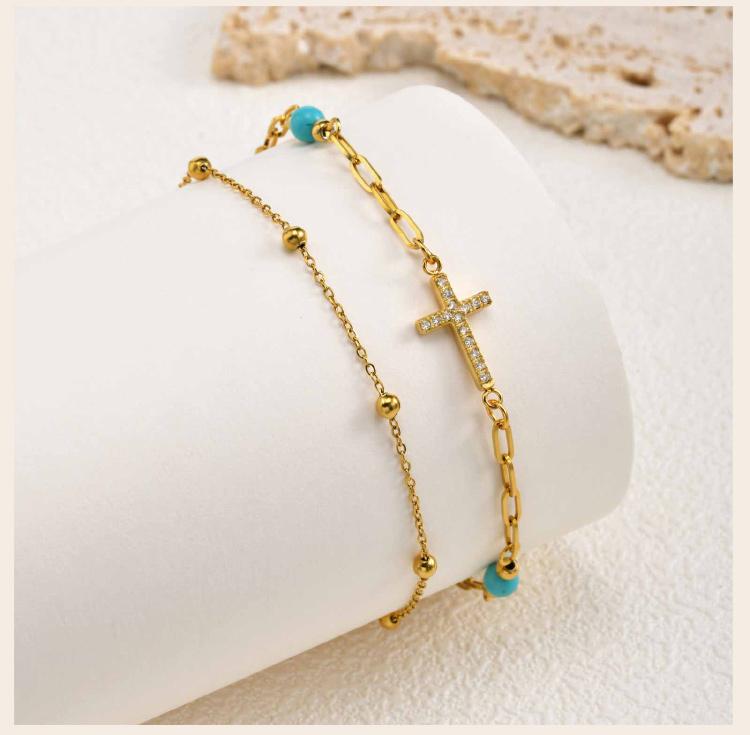 Türkisfarbener Knöchelkettchen, Doppellagige Fußkette mit Kreuz aus Edelstahl, Sommer Strand Schmuck für Damen Anlaufgeschützt Ästhetischer Schmuck