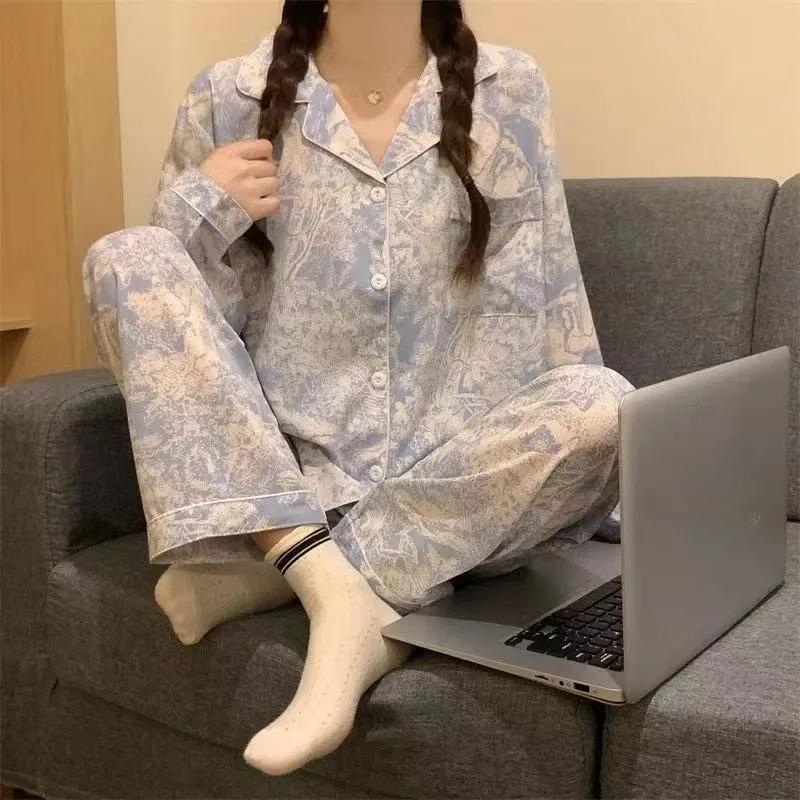 Spring and Autumn Women's Landscape Painting Long Sleeve Long Pants Pajamas Homewear Set Pajamas Homewear Set