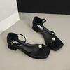 Square head pearl one-word buckle with thick heel sandals women's 2025 summer versatile toe shoes