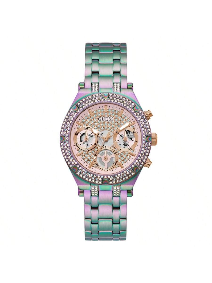 

Модные женские часы-хронограф Guess GW0440L3 из нержавеющей стали с радужными кристаллами, подходят для повседневного ношения, вечеринок, праздничный подарок радужный