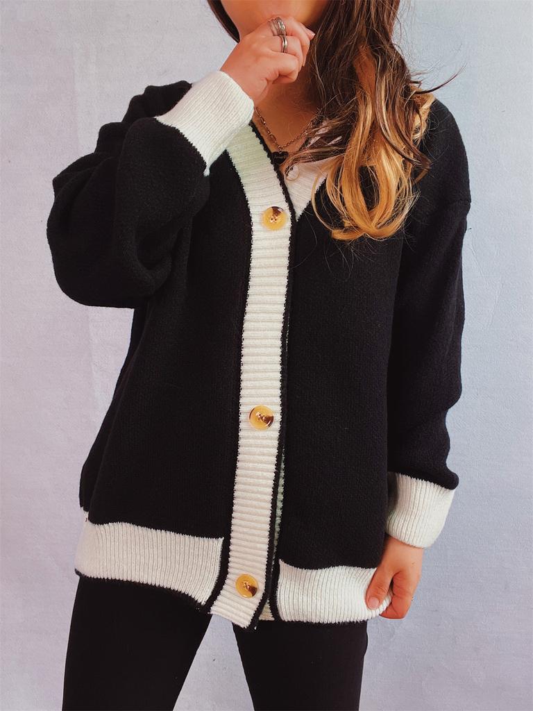 New Autumn and Winter Contrasting Cardigan Sweater, Street Style Loose Knit Sweater 3566 EMA
