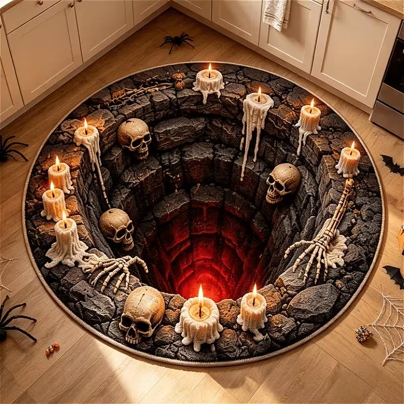 Halloween Skeleton Abyss 3D Optical Illusion Round Rug, Spiral Pit Skeleton Melted Candle Print, Household Decor Carpet