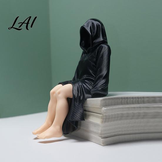 3D Printed Woman Statue Black Robe Women Figurine Sitting Hooded Female Shelf Office Desk Decoration Sitter Gothic for Home Bookshelf Decorative