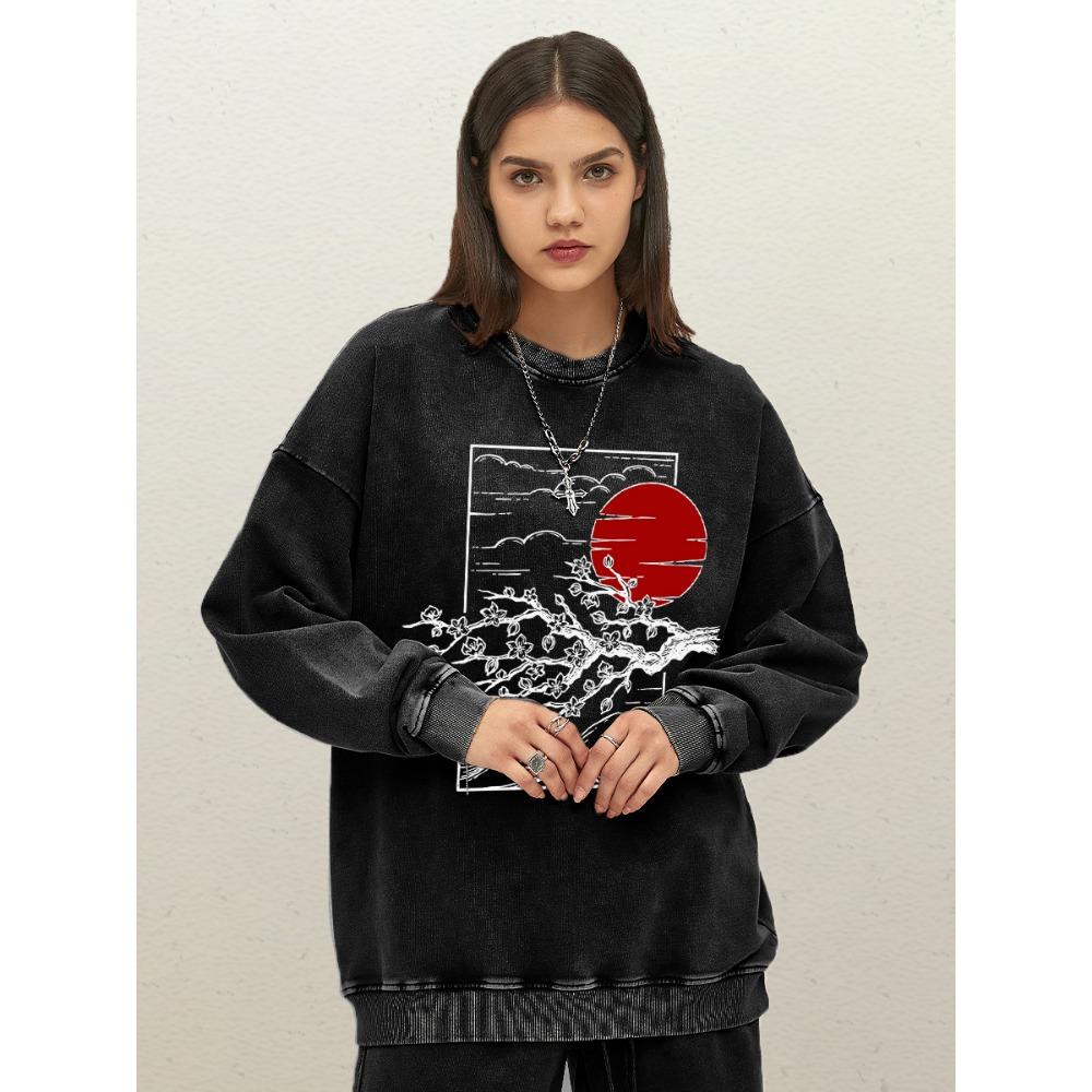 Harajuku Sunset Waves Cherry Blossoms Prints Womens Washed Sweatshirts Cotton Soft Pullovers Fashion Streetwear Clothing