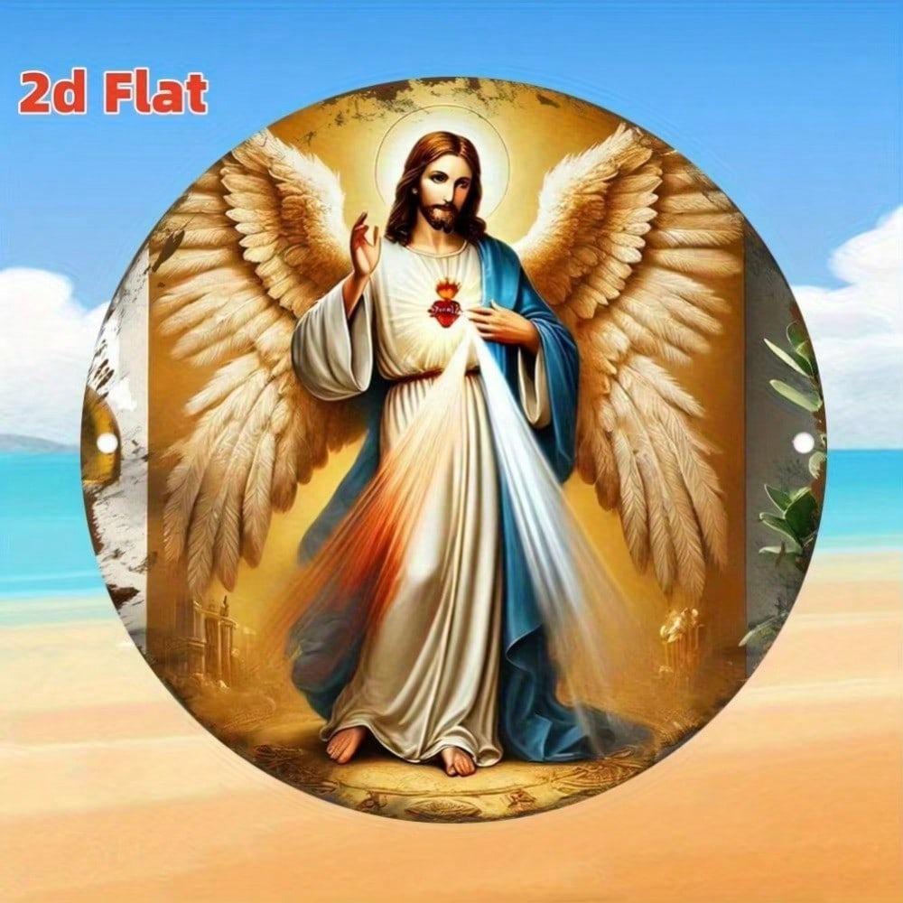 Classical Sacred Heart Angel Metal Wall Art Religious Aluminum Sign Gold Accents Home Office Decor