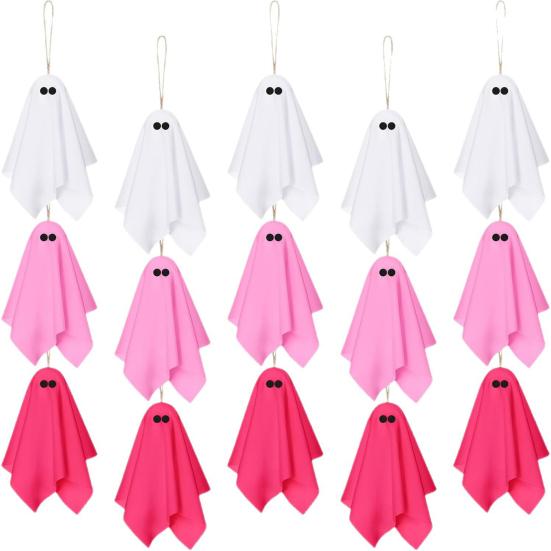 Whimsical Halloween Ghost Set Hanging Decor, Pastel Pink White Soft Matte Finish Pendant Fabric Ornaments, Cute Spooky Party Home Decor Aesthetic