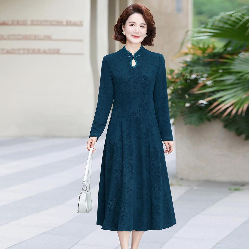 Red Elegant Mid-Length Over-the-Knee Long Sleeve Dress for Middle-Aged and Elderly Women