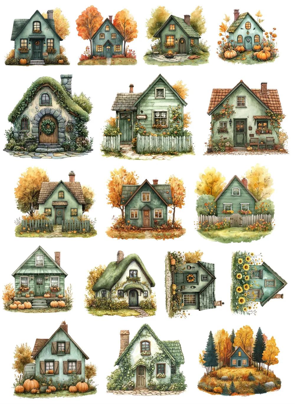 

17Pcs Watercolor Retro Cute Cartoon Wooden House Stickers /DIY Craft Photo Journal Decor Album Diary Stationery Scrapbooking белый