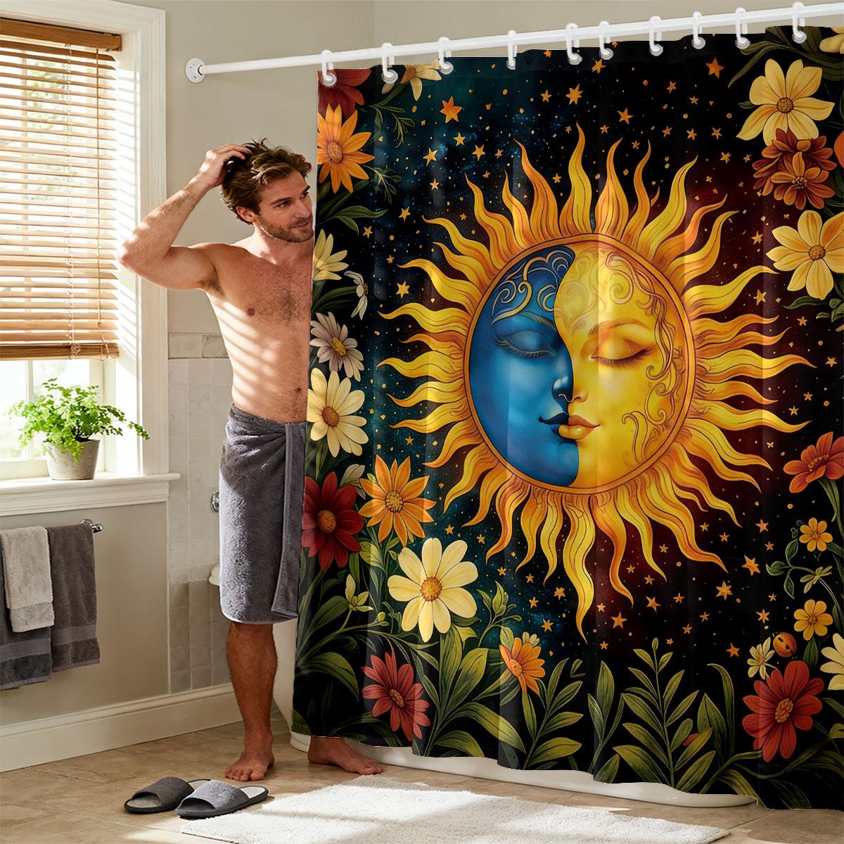 

1Pc Moon Flower Printed Waterproof Shower Curtain Partition Privacy Hanging Curtain Multiple Sizes 12 Hooks W60H190(CM)-1 Pcs