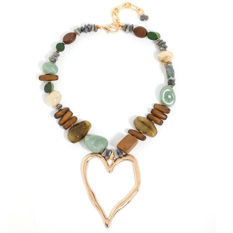 

Statement Beads Necklace with Big Heart Pendant for Women Girl Beach Party Jewelry