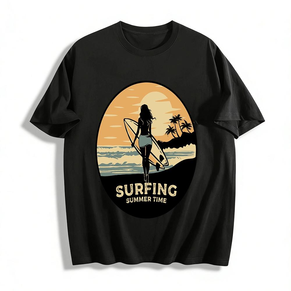 

Vintage Beach Girl Surfing Print Casual Summer Short Sleeve Tee Pure cotton T-shirt 6XL