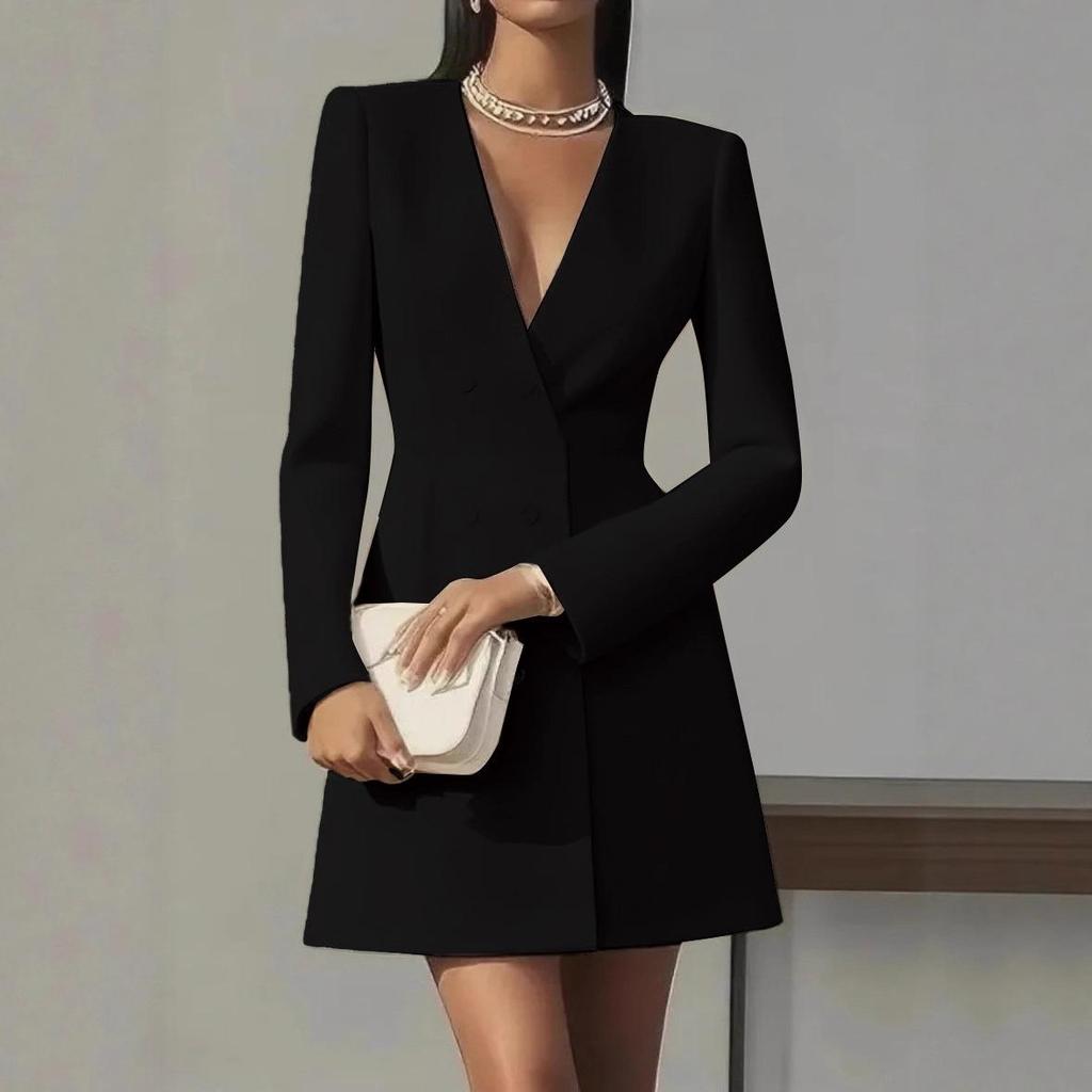 Women's Double-Breasted V-Neck White Blazer Dress with Notched Lapel