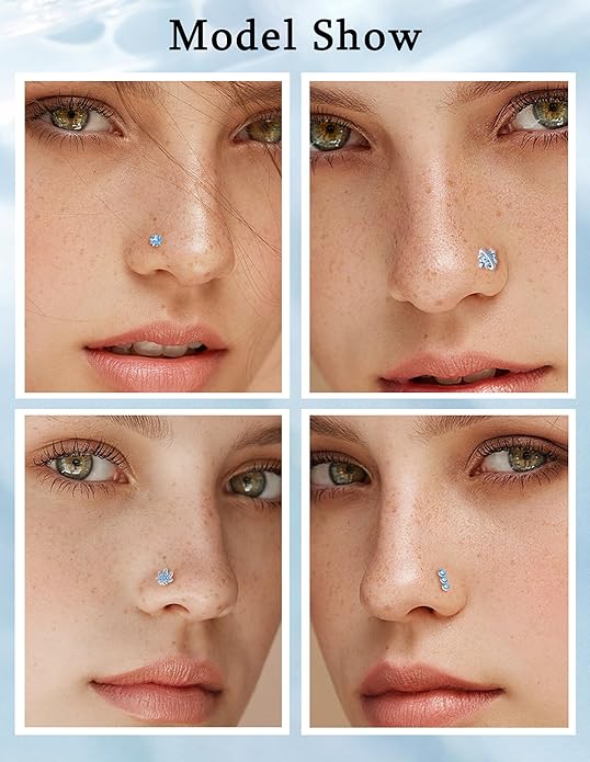 16Pcs 20G Nose Rings Studs Stainless Steel L Shaped Nose Stud CZ Butterfly Star Moon Heart Flower Dangle Piercing Jewelry