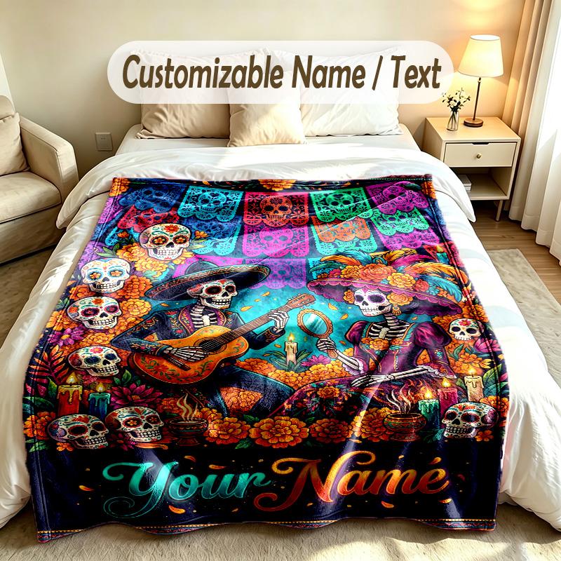 Day of the Dead Theme Custom Blanket Personalized Name & Text Customized Soft Warm Throw Blanket Home Decor