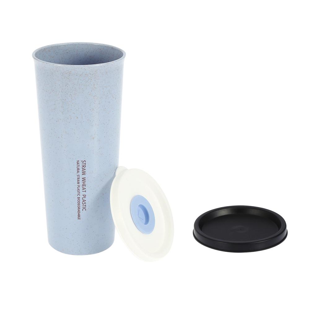 470 ml Wheat Straw Water Cup with Straw Multi Functional Double Lid   Coffee Mug Pink