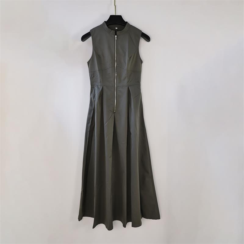 2025 Spring Women's Sleeveless Solid Color Dress with Zipper Waist and Pockets