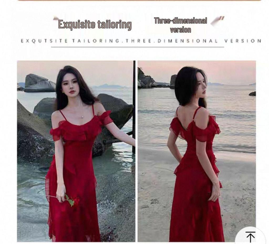 French Retro Red Spaghetti Strap Ruffle Dress - Women's Summer Beach Vacation Elegance