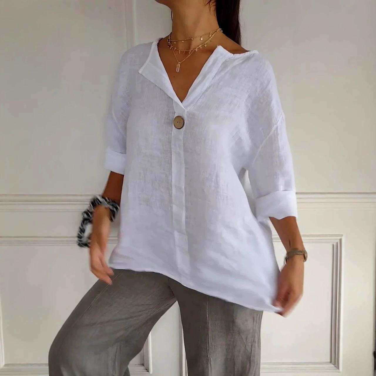 

Летние топы, однотонные, свободные, с V-образным вырезом, повседневные рубашки для женщин, хлопок и лен, рукав семь четвертей, блузки больших размеров для женщин, элегантная узкая рубашка-пуловер 26456 L белый