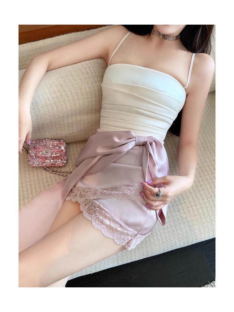 Blumarine French Pure Desire Pink Satin Lace Trim Bow Bodycon Skirt