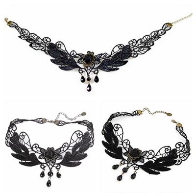 Damen Schwarze Rose Tropfenperlen Anhänger Spitze Choker Lolita Halsband Halskette