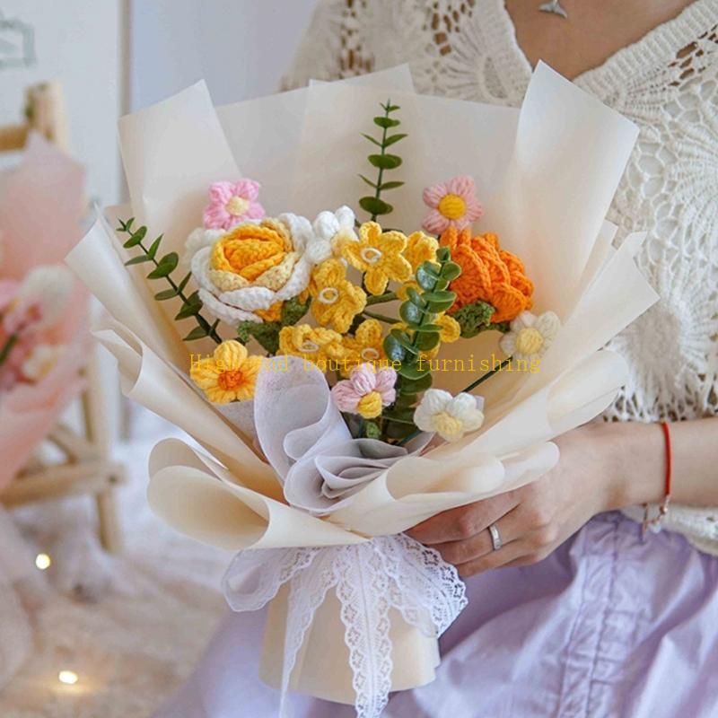 Hand-Knitted Flower Crochet Finished Flower Bouquet with Warpping Paper Wedding Party Decoration Valentines Day Gift