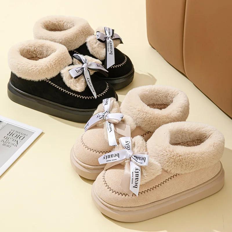 Fashion Women's Bowknot Decor Platform Snow Boots Faux Suede Thicken Plush Winter Shoes Woman Fashion Fluffy Faux Fur Warm Ankle Boots